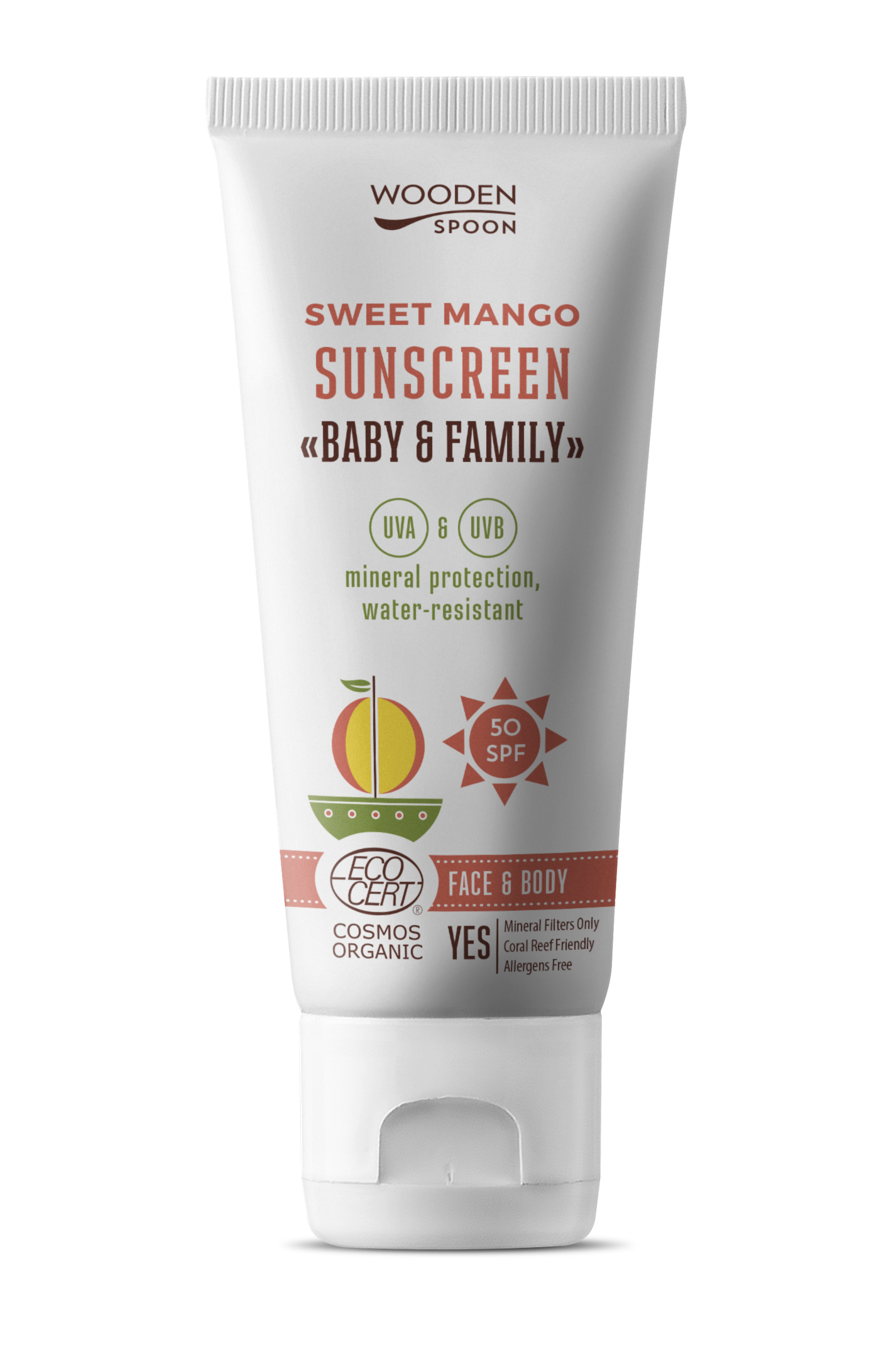 Wooden Spoon Opalovací tělové mléko Mango Baby & Family SPF 50 BIO - 100 ml - voděodolné