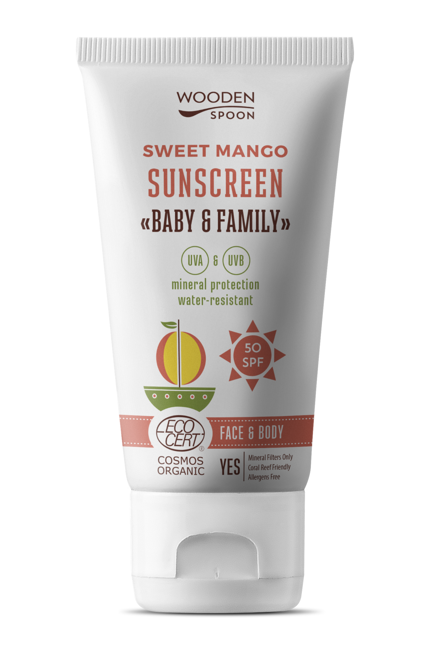 Wooden Spoon Opalovací tělové mléko Mango Baby & Family SPF 50 BIO - 150 ml - voděodolné