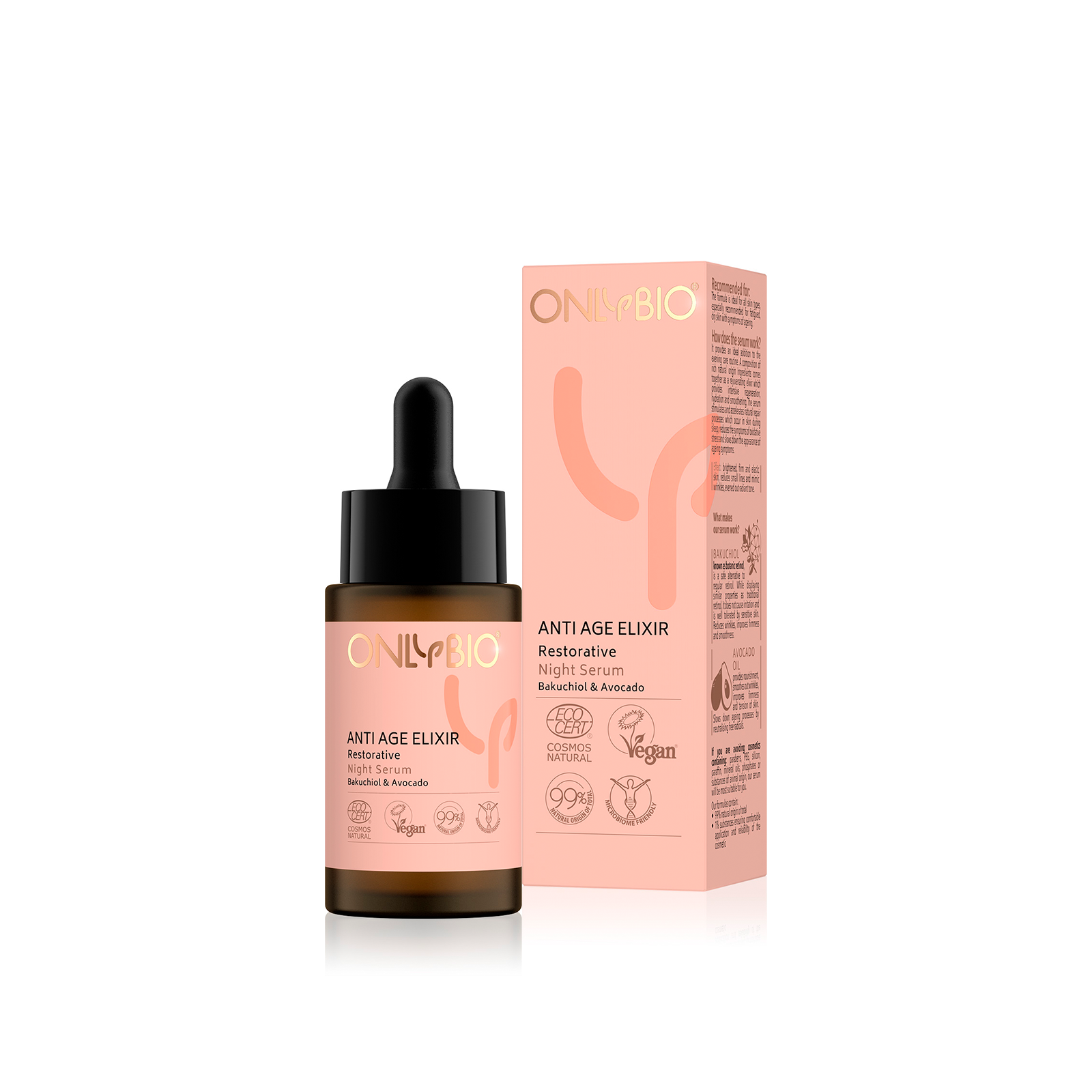 OnlyBio Obnovující noční pleťové sérum Anti Age Elixir (30 ml) - II. jakost - s avokádem a rostlinným retinolem OnlyBio